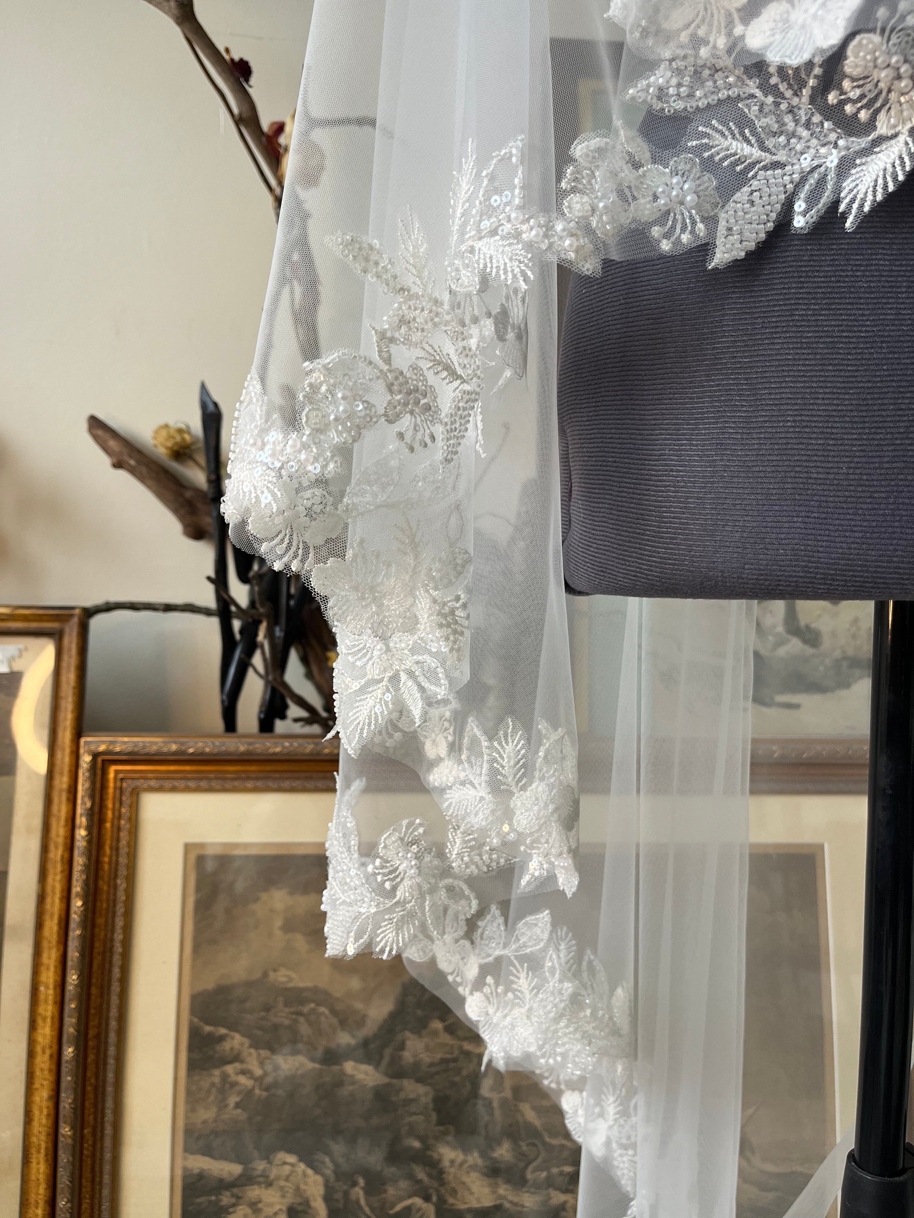 Handmade Lace Beaded Mantila Bridal Vei