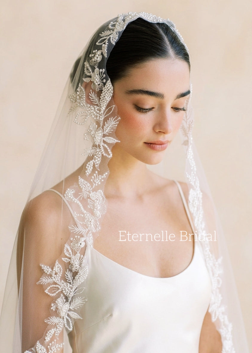 Handmade Lace Beaded Mantila Bridal Vei