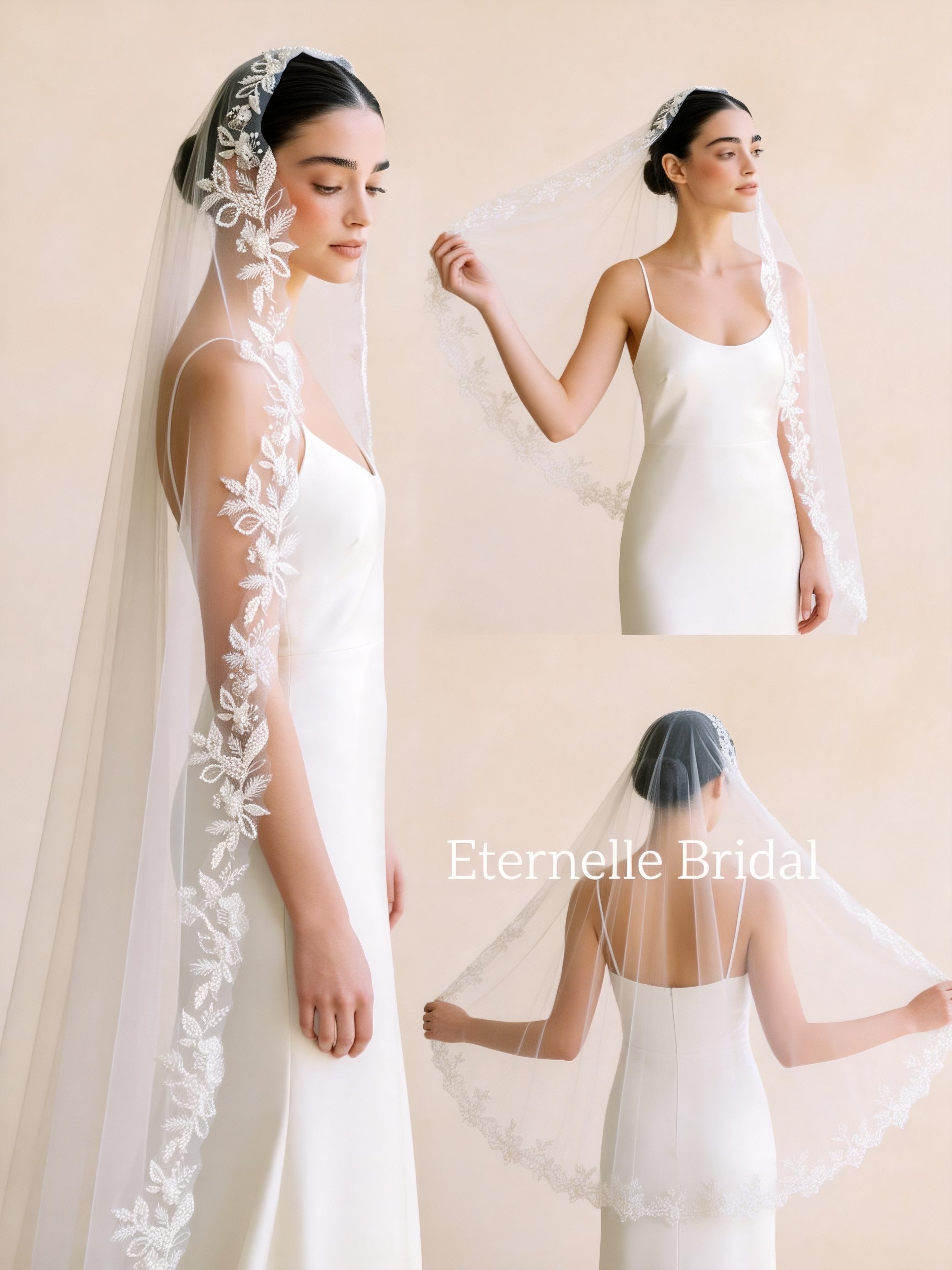 Handmade Lace Beaded Mantila Bridal Vei